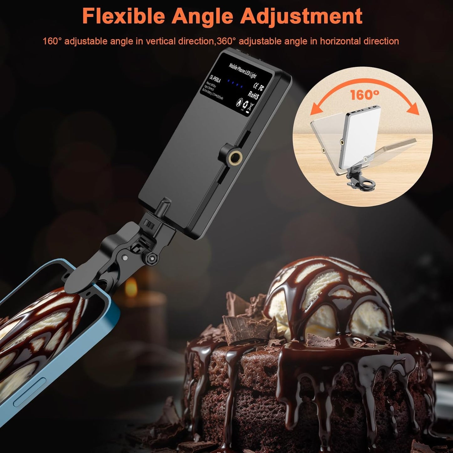 TONEOF Portable Selfie Light,Rechargable 60 LED PhoneLight with Clip & Double 1/4" Screw Hole,2500k-9000K Dimmable for iPhone,Android,Laptop,Tablet,Selfie/Video Conference