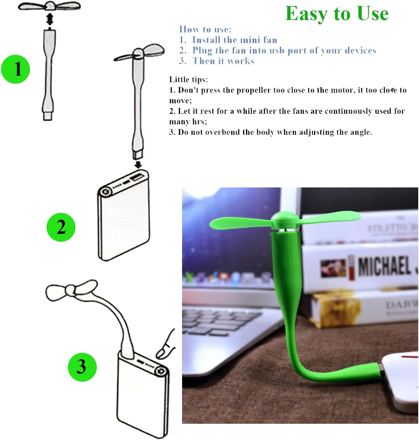 Mini USB Fan, Portable Pocket Fan USB-A Powered Little Cooler, Quiet Operation, for Home Office Car Outdoor Travel- 4 Pack (Green)