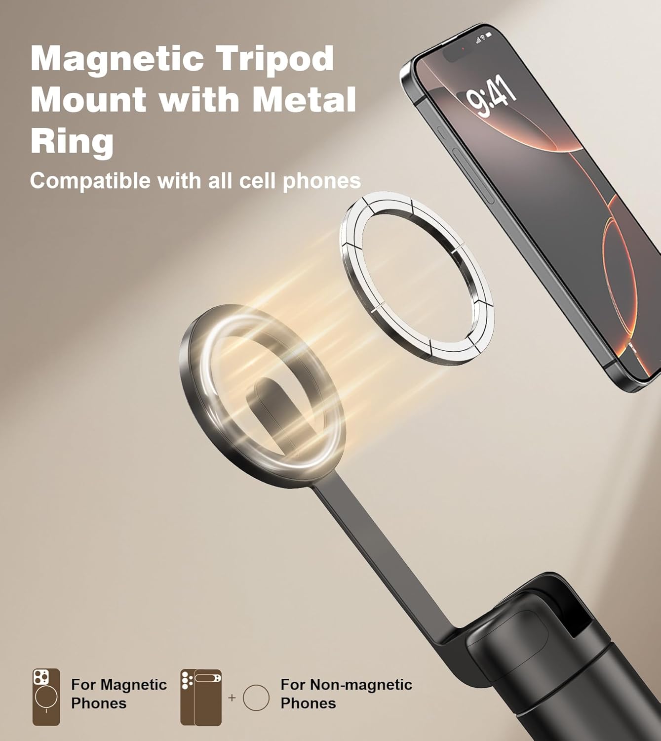 TONEOF 68" Magnetic Selfie Stick Tripod with Aluminum Strong Magnetic Holder for Magsafe, 360° Rotatable Travel Phone Tripod Stand with Metal Ring & Rechargeable Remote for iPhone/Android（Black）