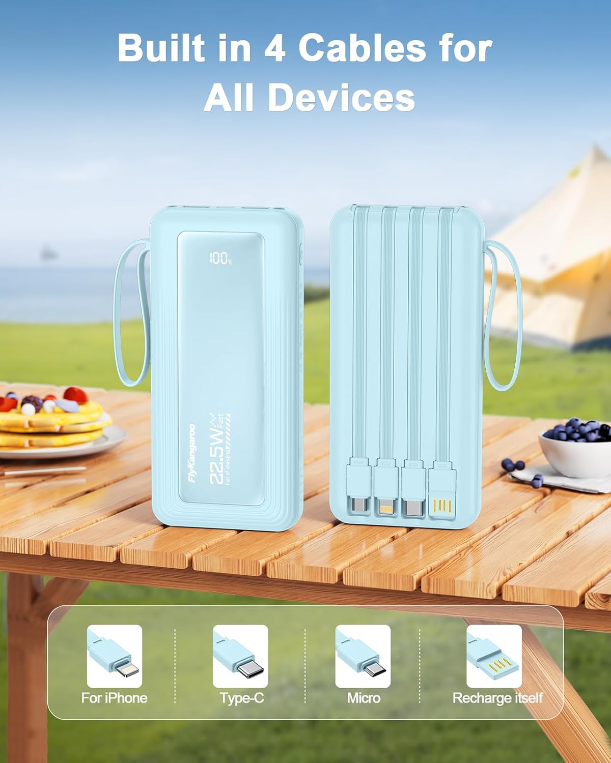 Portable Charger with Built in Cables, Slim 10000mAh Fast Charging 22.5W Power Bank USB C LED Display Battery Pack 6 Outputs & 2 Inputs for iPhone Samsung Pixel LG Moto iPad