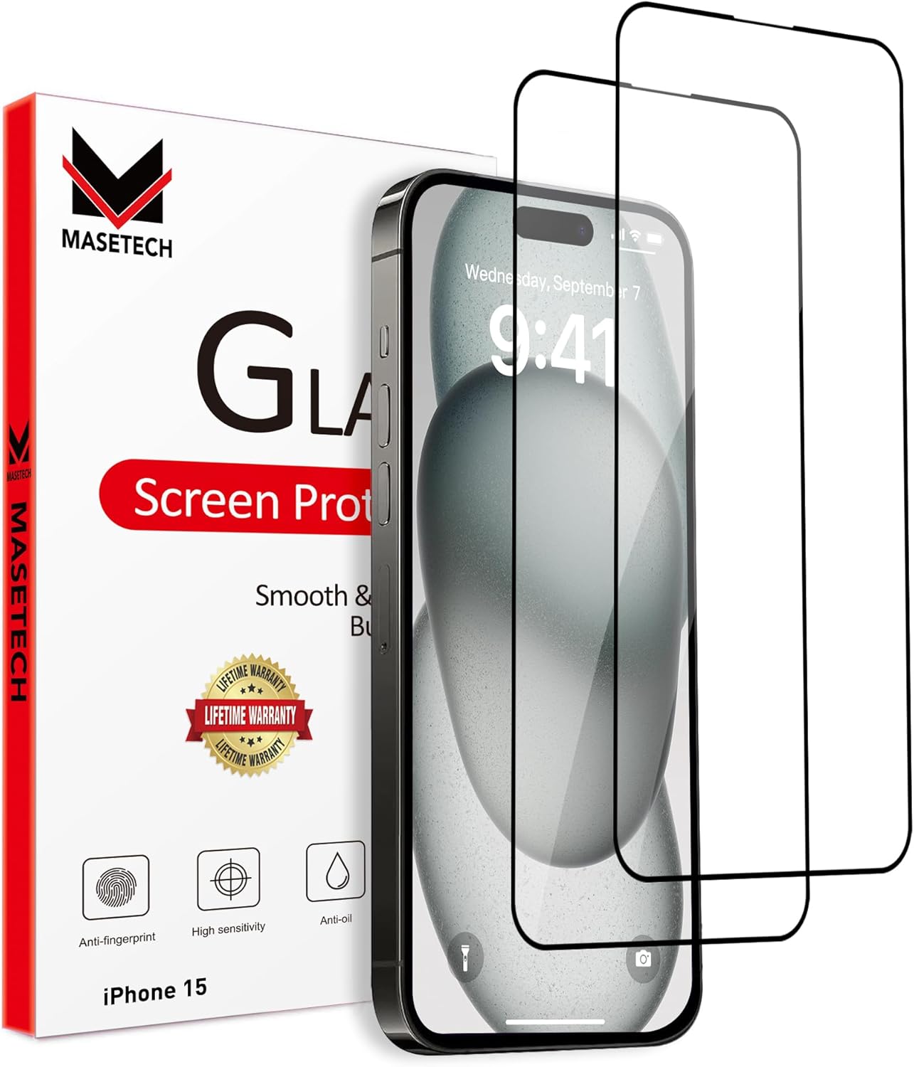 Screen Protector Tempered Glass Compatible with Apple iPhone 15 (2 Pack)