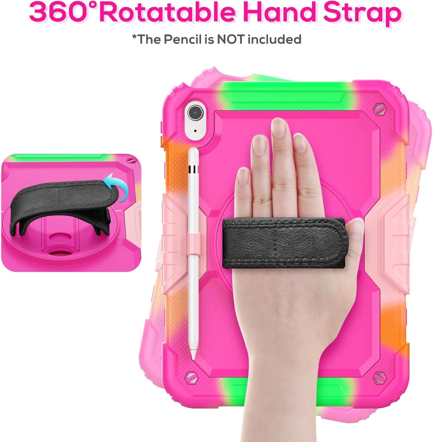 BLOSOMEET Case for iPad A16 11th/10th Generation 11''/10.9'' 2025/2022 with Tempered Glass Screen Protector, Protective Kids Cover with Stand Hand Grip Shoulder Strap, Rosered