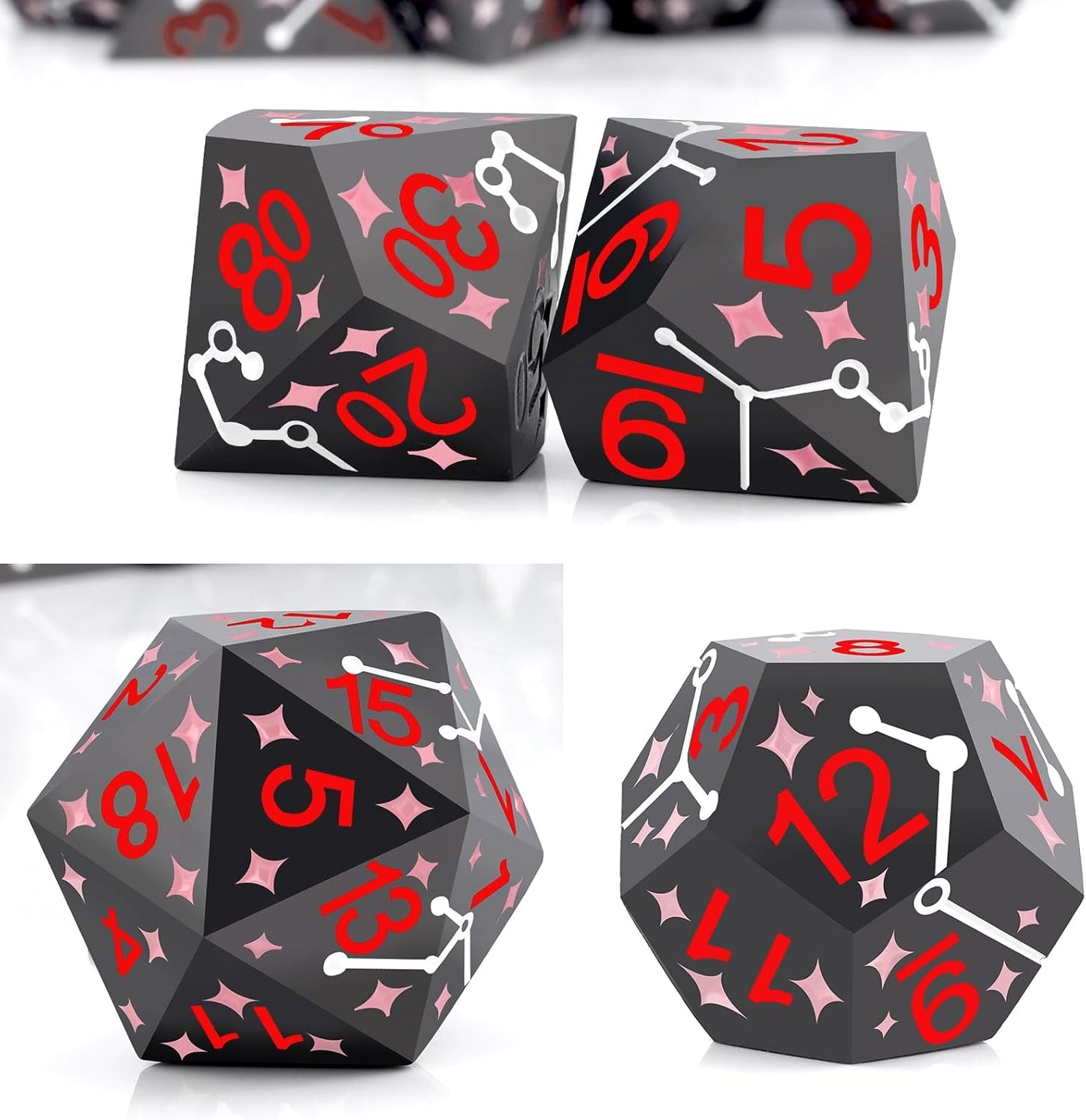 PJOY Metal Dice Set D&D Star Dice Set DND Polyhedral Dice for RPG Role Playing Games Dungeons and Dragons TTRPG Black Red Pink Dice