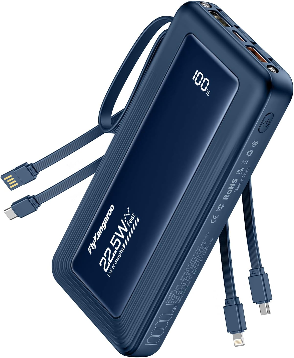 Portable Charger with Built in Cables, Slim 10000mAh Fast Charging 22.5W Power Bank USB C LED Display Battery Pack 6 Outputs & 2 Inputs for iPhone Samsung Pixel LG Moto iPad