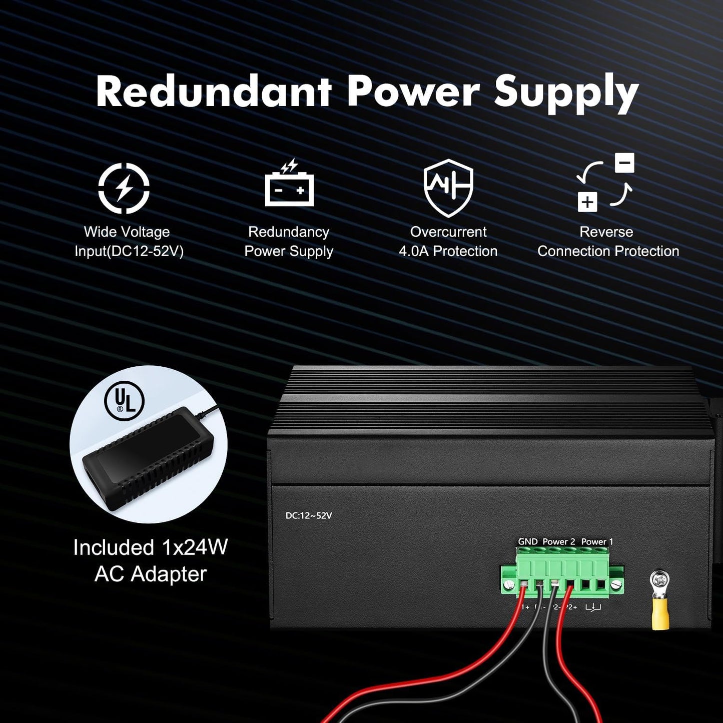 MokerLink 16 Port Gigabit Industrial DIN-Rail Ethernet Switch, 2 Gigabit SFP Ports, Unmanaged IP40 Network Switch (-40 to 185°F), with Power Supply