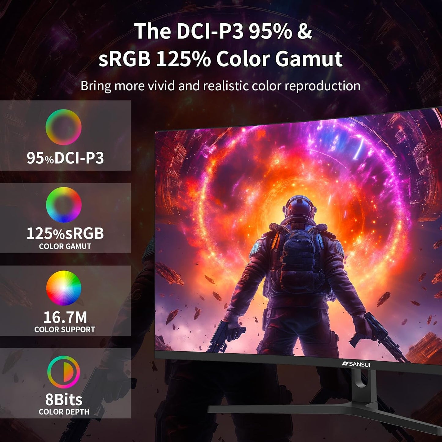 SANSUI 32-Inch Curved Gaming Monitor WQHD 2560 x 1440 180Hz Curved 1500R -1ms(OD), HDR, 300nits, sRGB 125%, DCI-P3 95%, FreeSync, HDMI x2, DP1.2x2(DP Cable Included)