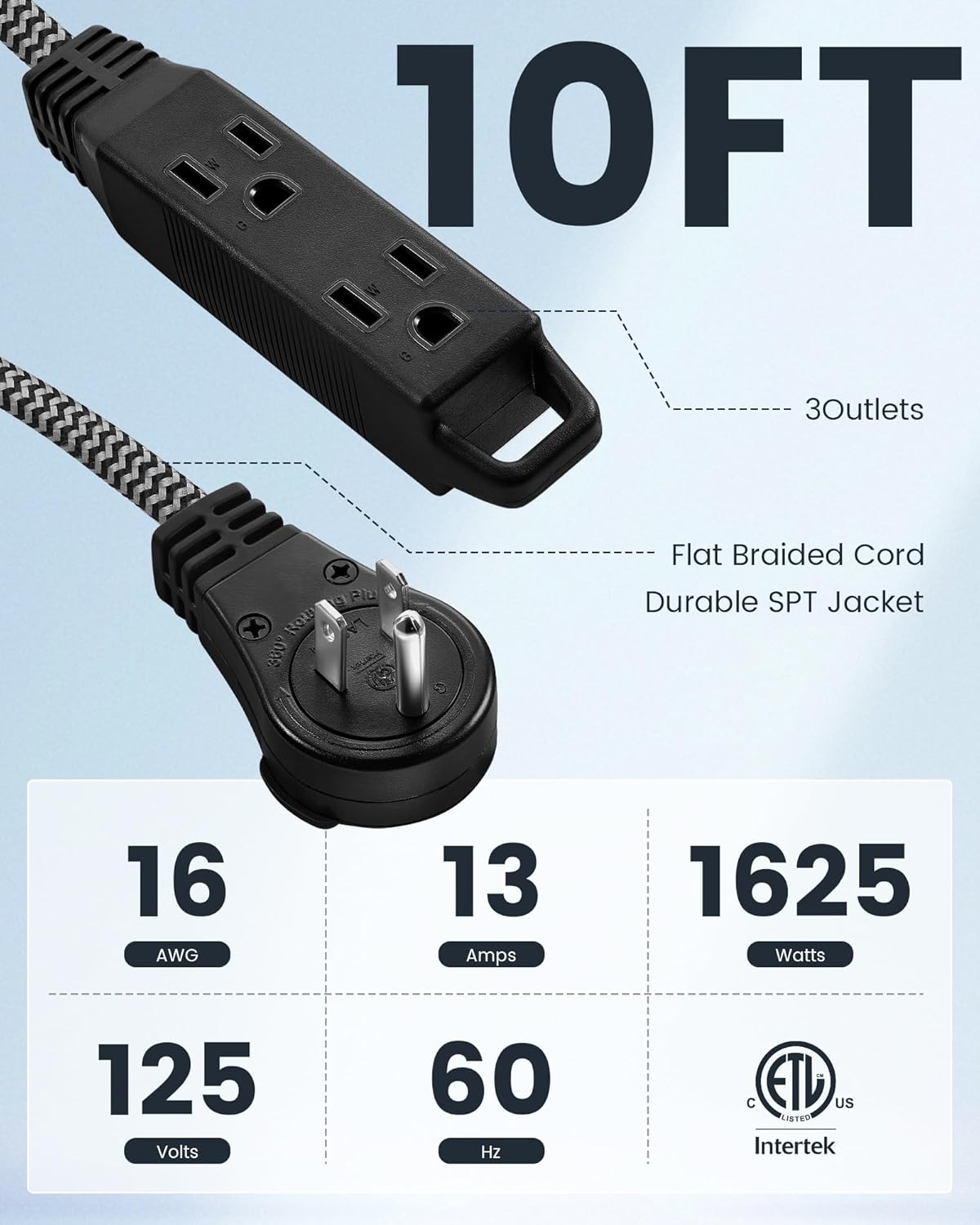 SURAIELEC 10FT 360° Rotating Flat Plug Extension Cord Flat Wall Plug with 3 Outlets, Braided Flat Black Extension Cord for Indoor Use, Small Space, 16/3C SPT, ETL Listed