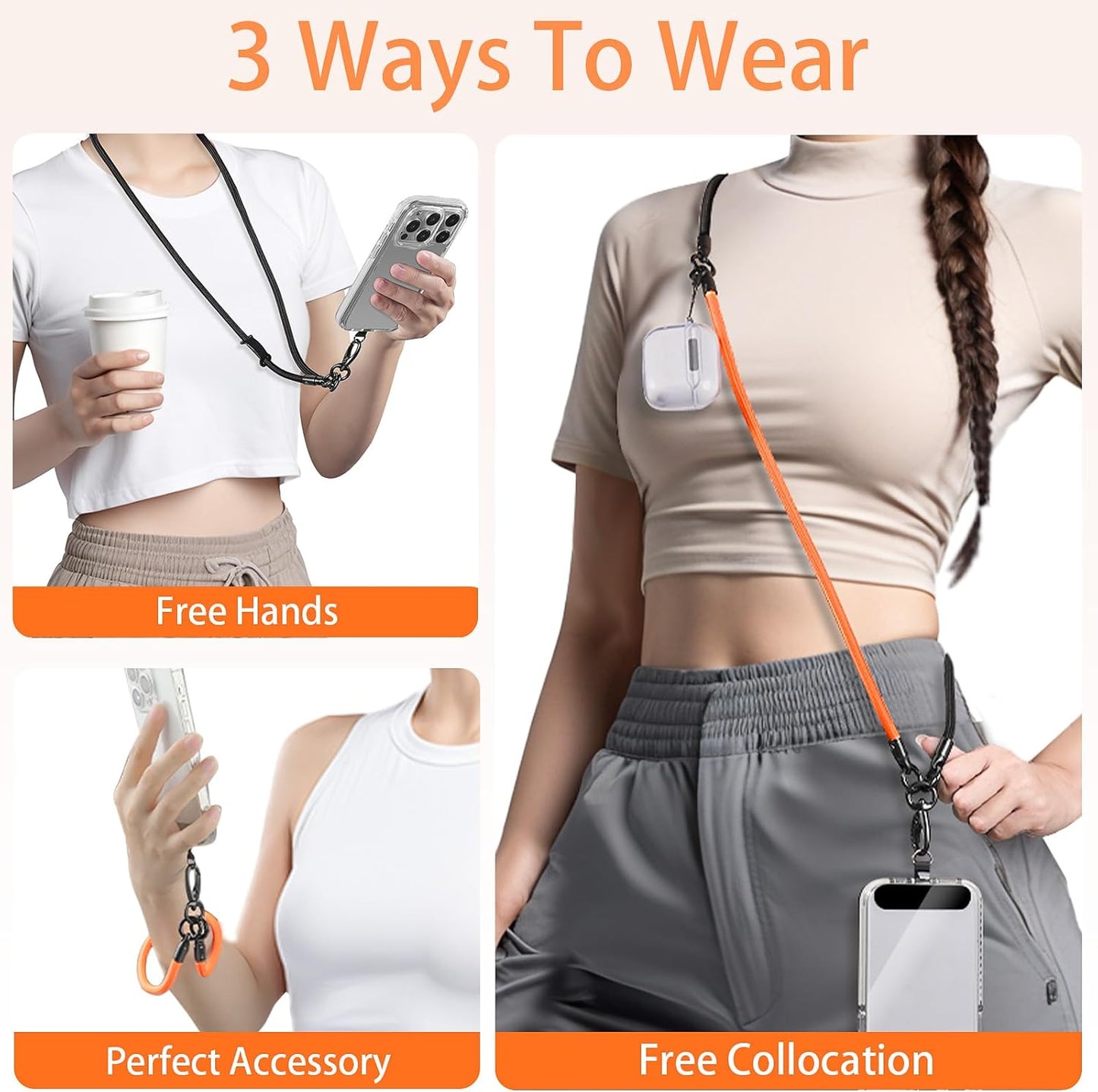 Cell Phone Lanyard, Crossbody Strap, Neck Holder & Wrist Lanyard 3-in-1 Anti-Theft Phone Strap, Detachable Universal Smartphone Straps with a Tap, Durable Hook-Orange Black
