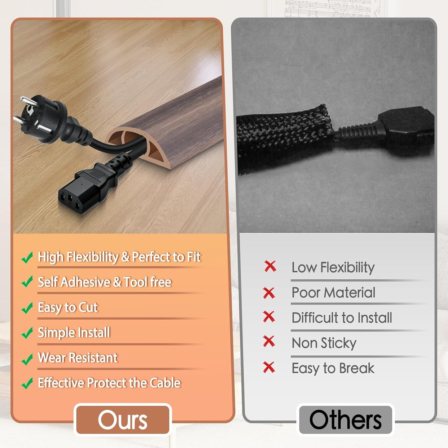 Floor Cord Cover for Wires on Floor Self Adhesive Cord Hider Floor Cable Management Wire Covers for Cords Protector Prevent Cable Trips Cord Cavity W 0.51" x H 0.31", Grayish Brown Wood, 10Ft