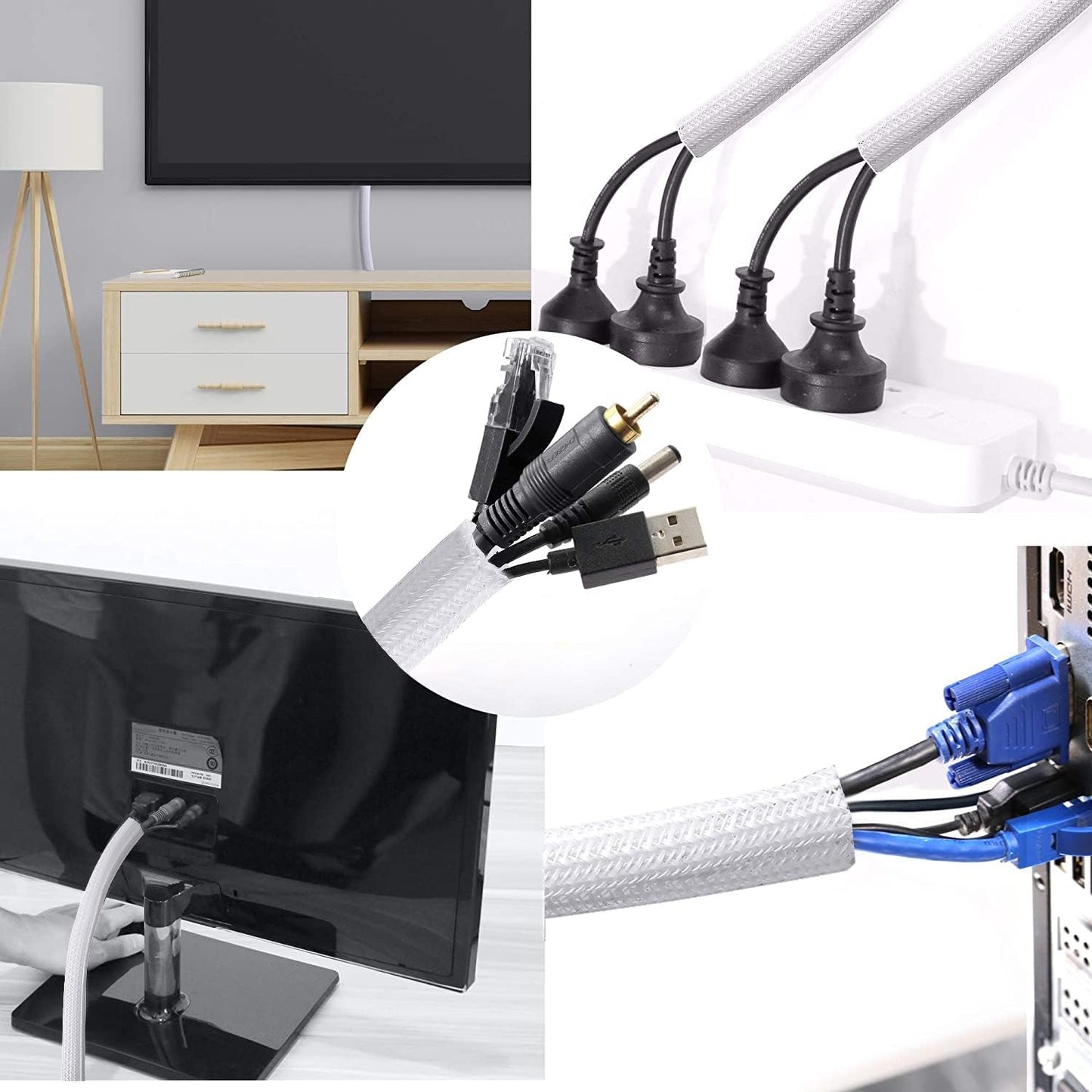 CrocSee 10ft - 1/2 inch Braided Cable Management Sleeve Cord Protector - Self-Wrapping Split Wire Loom for TV/Computer/Home Theater/Engine Bay - White