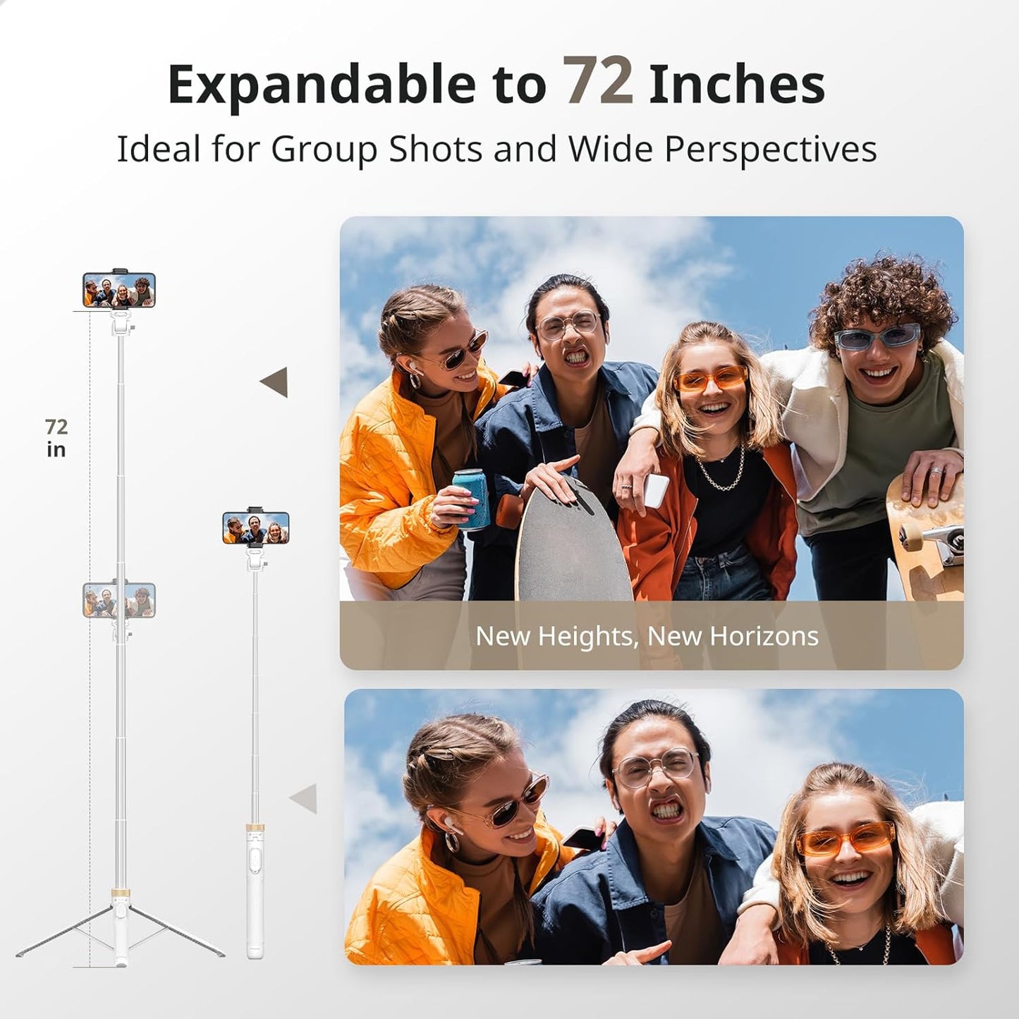 SENSYNE 72" Phone Tripod, Extendable for iPhone & Selfie Stick with Detachable Phone Holder & Wireless Remote, Compatible with All Cell Phones, Camera (White)