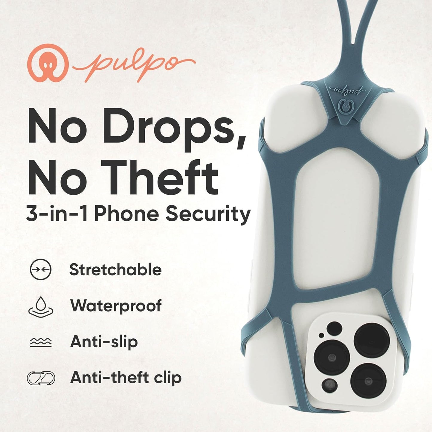 Pulpo Safety Cell Phone Lanyard Grey Fits Smartphones 6.1 to 6.8” - Anti Theft Phone Strap for Men & Women, Lanyards for Phones, Hiking Phone Holder & Cellphone Lanyard, Silicone Crossbody Straps