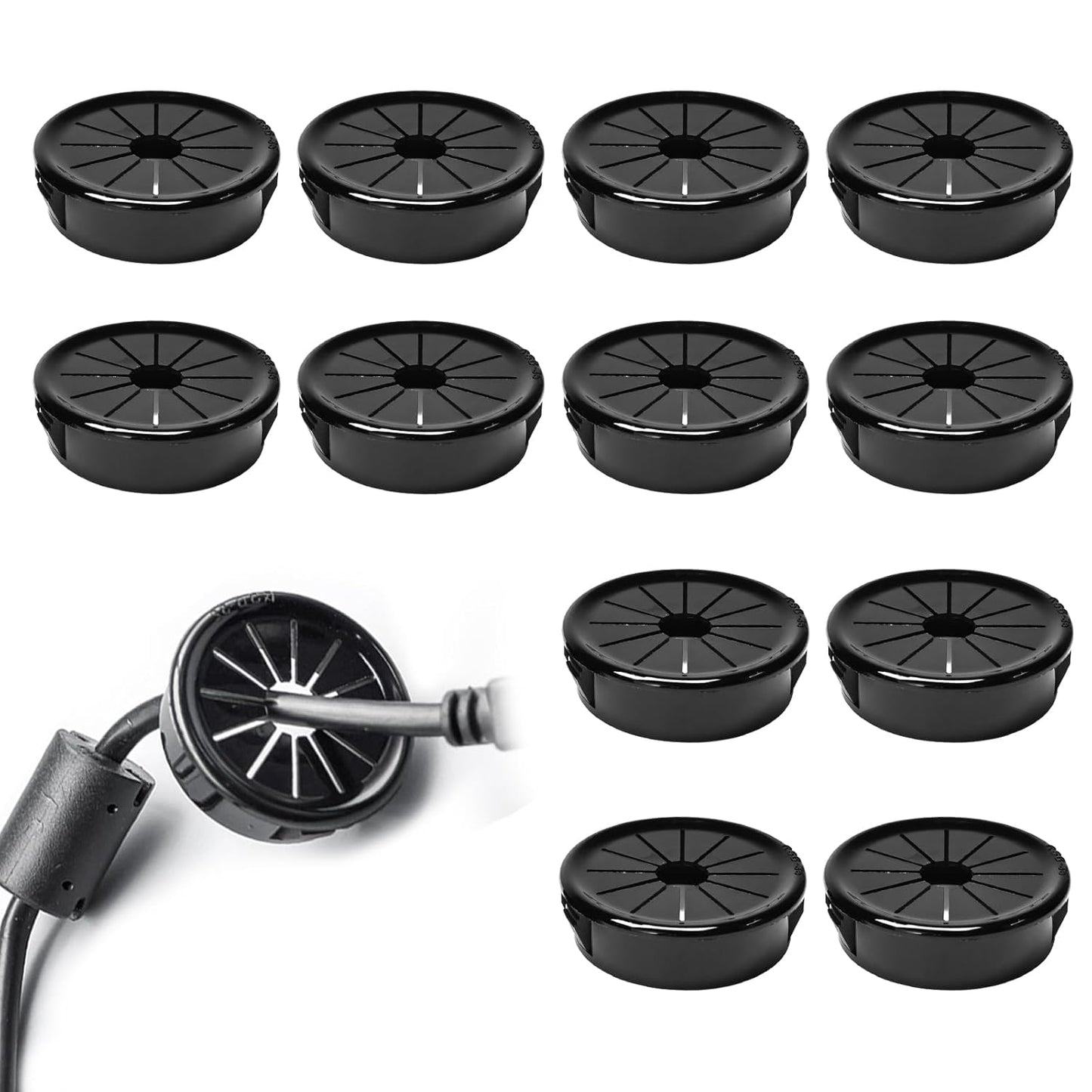 12 Pcs Cable Grommet, Snap Bushing 1-1/2" (38 mm) Mounting Diameter, Flexible Petal-Shaped Buckle Round Nylon Desk Grommet for Wires Through Countertop Cord Organizer and Protection, Black