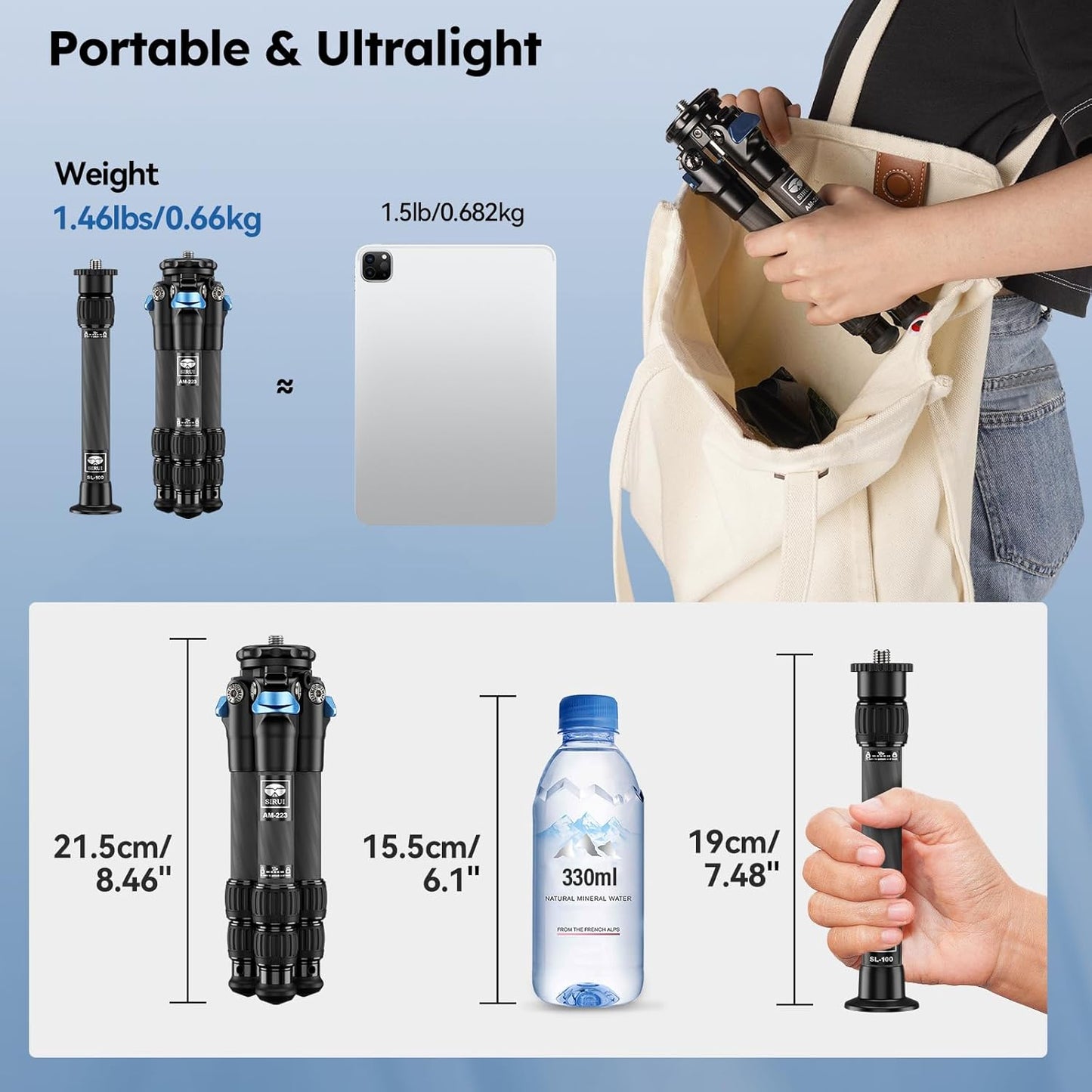 SIRUI Lightweight Carbon Fiber Mini Travel Tripod with Two-Section Center Column, Max Height 26", Supports 22lbs (AM-223+SL-100)