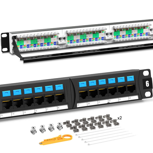 AMPCOM CAT6 24 Ports Patch Panel, Rack Mount - 1U, 19 inch，RJ45 Ethernet 568A 568B, Gold Plated, with Rear Cable Management Bar