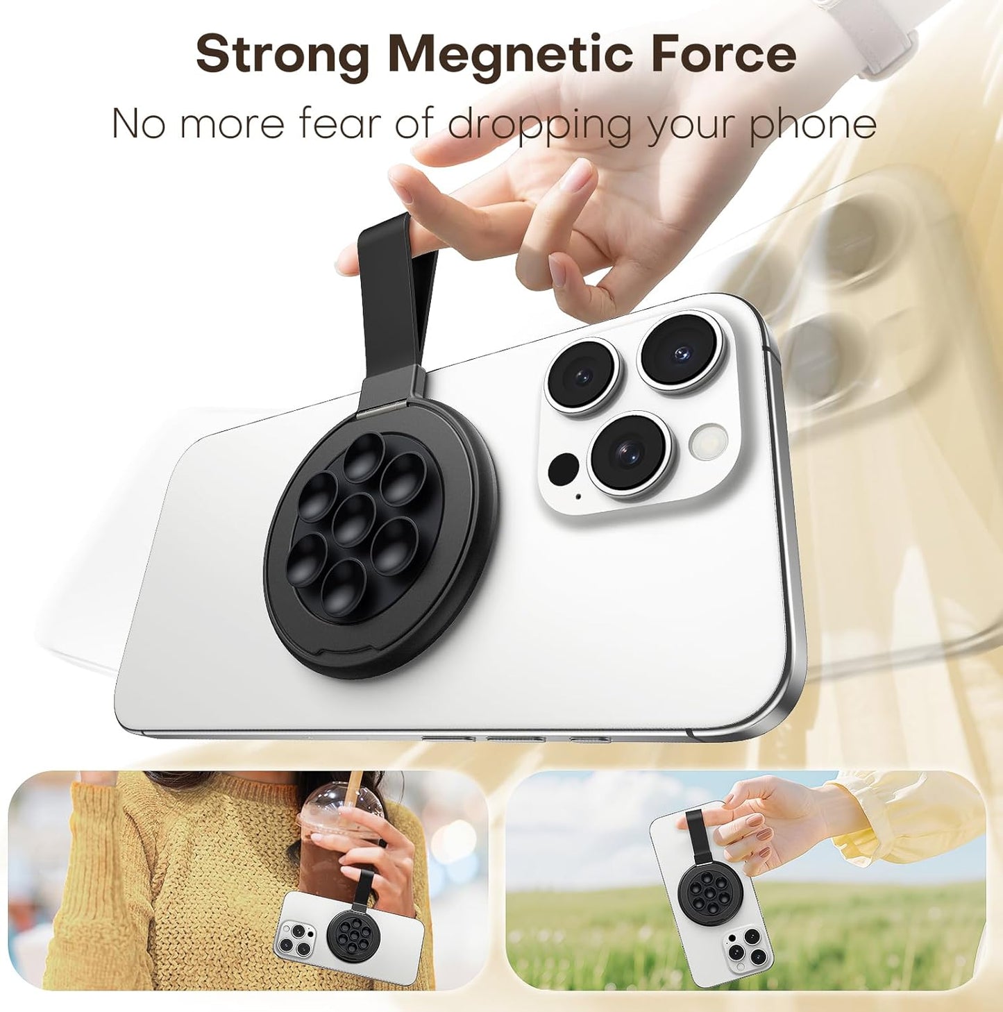 TAURI for Magsafe Suction Phone Grip - Universal Magnetic Suction Grip, 360° Rotating Hands-Free Holder, Silicone Suction Grip for iPhone 16 Pro Max/15/Android/S25,Black