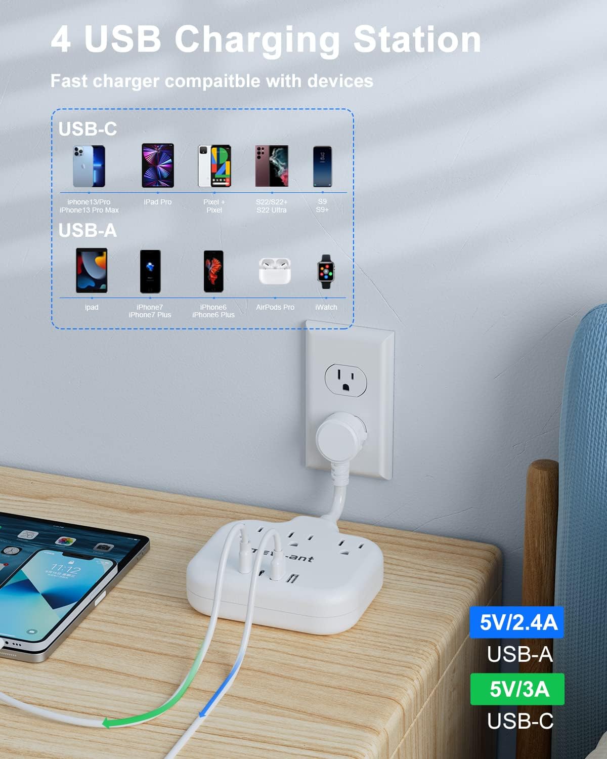 Short Extension Cord 2 inch, Short Cord Power Strip with 3 Outlets 4 USB(2 USB-C) 17W, Flat Outlet Extender, Non-Blocking, Non-Surge Protection for Cruise Travel Dorm Kitchen Bathroom, White