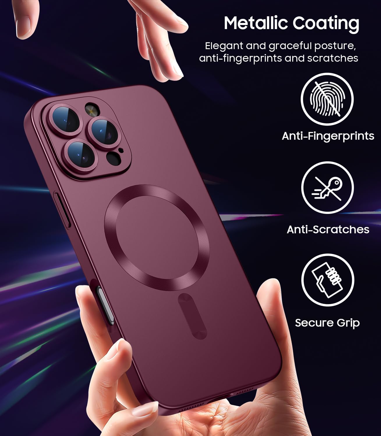 Magnetic for iPhone 16 Pro Case [Compatible with MagSafe][Built-in Camera Lens Protector] Slim Soft Silicone Bumper Shockproof Metallic Luster Phone Case (Burgundy)