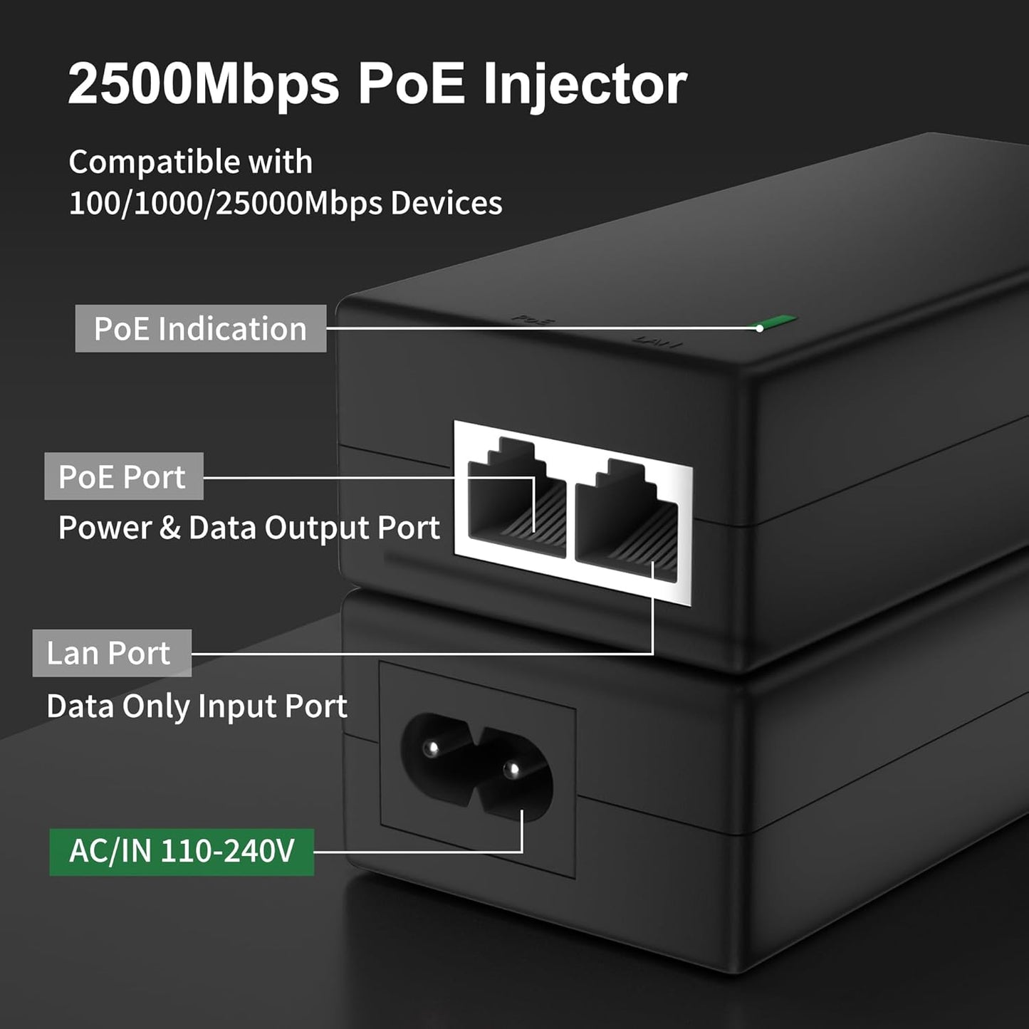 2.5Gb PoE+ Injector Adapter 30W 48~55V, IEEE 802.3at/af Compliant, Converts Non-PoE to PoE Network, 100/1000/2500Mbps RJ45, Up to 328 ft, Plug & Play (30W)