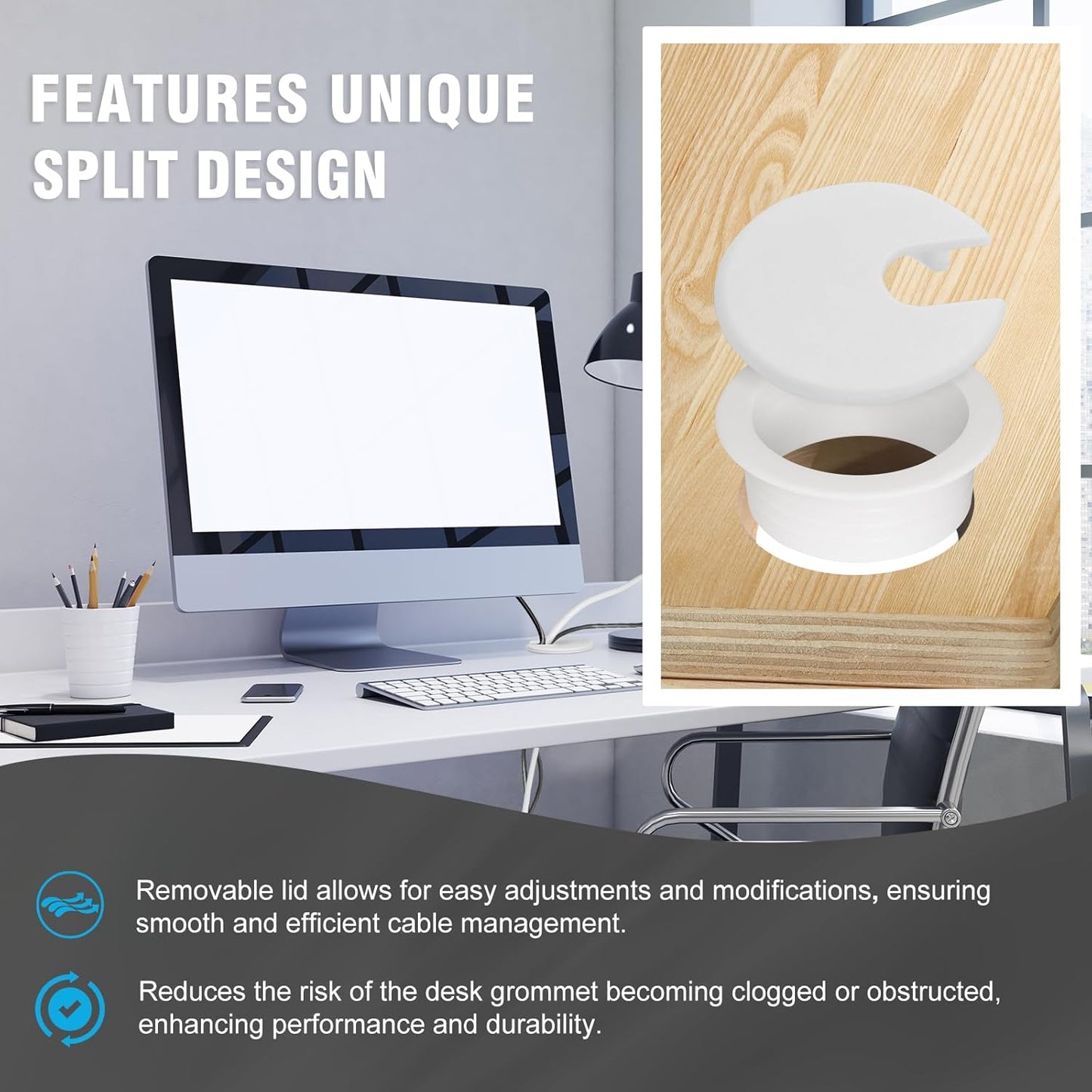 1-1/2" White Desk Grommet, JTemgle Plastic Cable Hole Cover Computer Table Cord Wire Organizer Caps Desktop Cord Management for Home Office TV Stands Tabletops, 10 Pieces