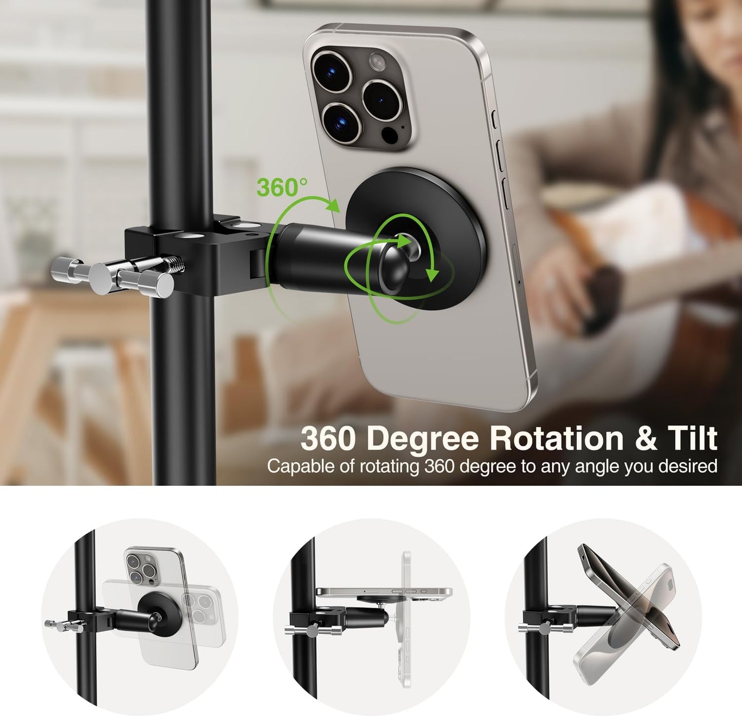 elitehood Magnetic Phone Clamp Mount, Adjustable Phone Holder for Mic Stand/Music Stand/Golf Cart/Treadmill/Stroller/Shopping Cart/Stationary Bike, iPhone Clamp Mount for Magsafe iPhone 16 15 14