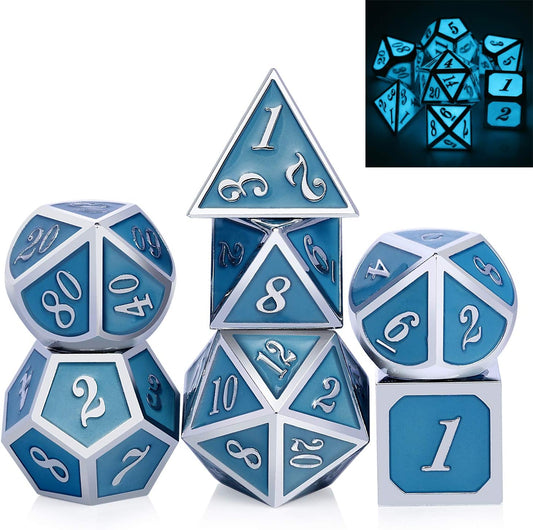 DnDnD Glowing DND Metal Dice Set,Luminous Blue Metal Dice for Role Playing Game Dungeons and Dragons RPGs and Other Table Games