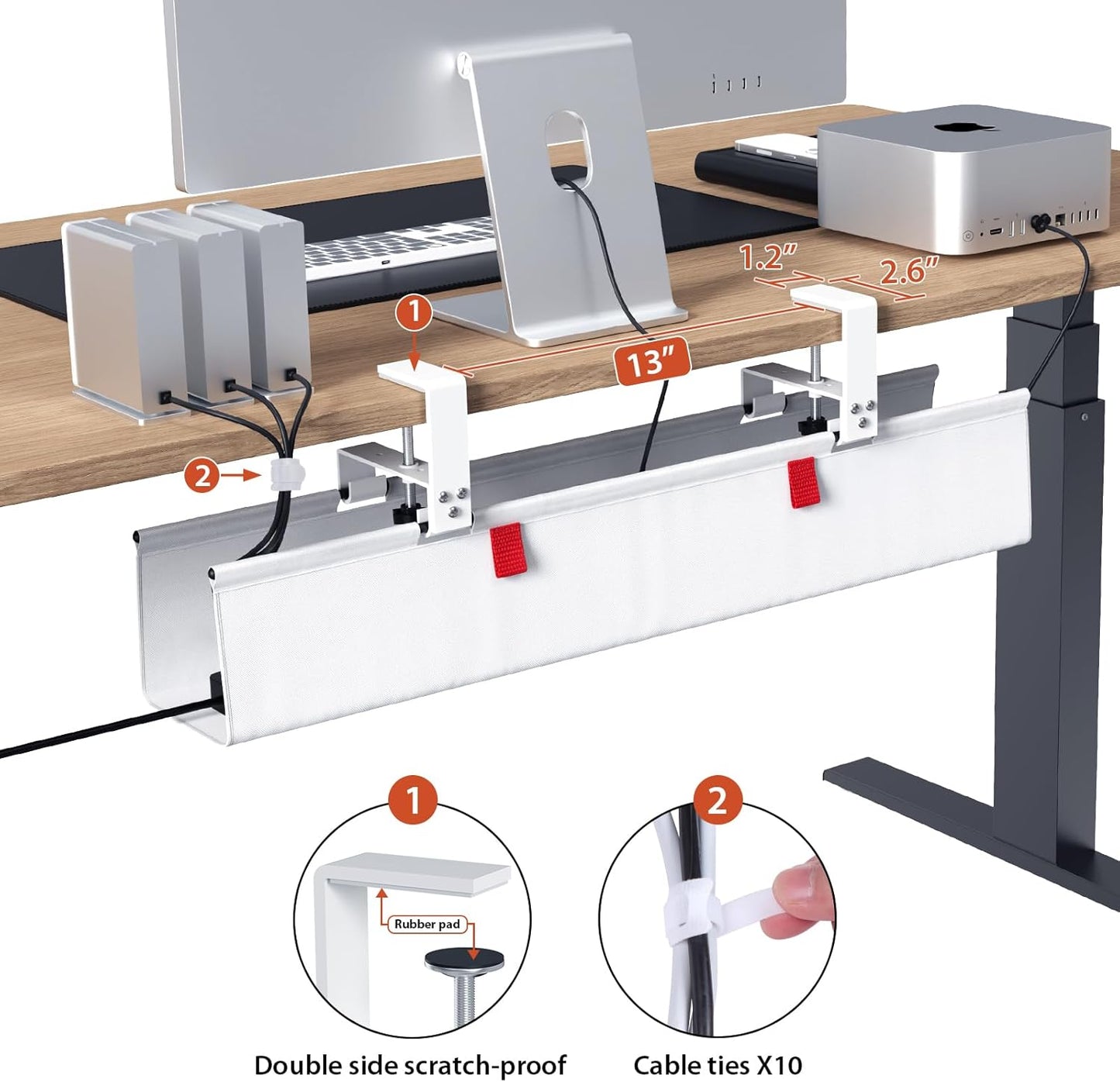 Univivi No Drill Under Desk Cable Management Tray, 28" Cord Organizer for Table, Clamp/Screw Mount Desk Cable Management, Premium Fabric Cable Management Tray for Office, Home