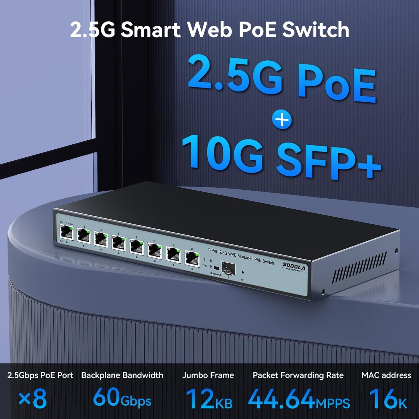 SODOLA 8 Port 2.5G Web Managed PoE Switch 120W | 1X 10G SFP+ & 8 x 2.5GBase-T Ports, Max 90W Output, IEEE802.3af/at/bt, Desktop & Wall Mount 2.5GbE Network Switch
