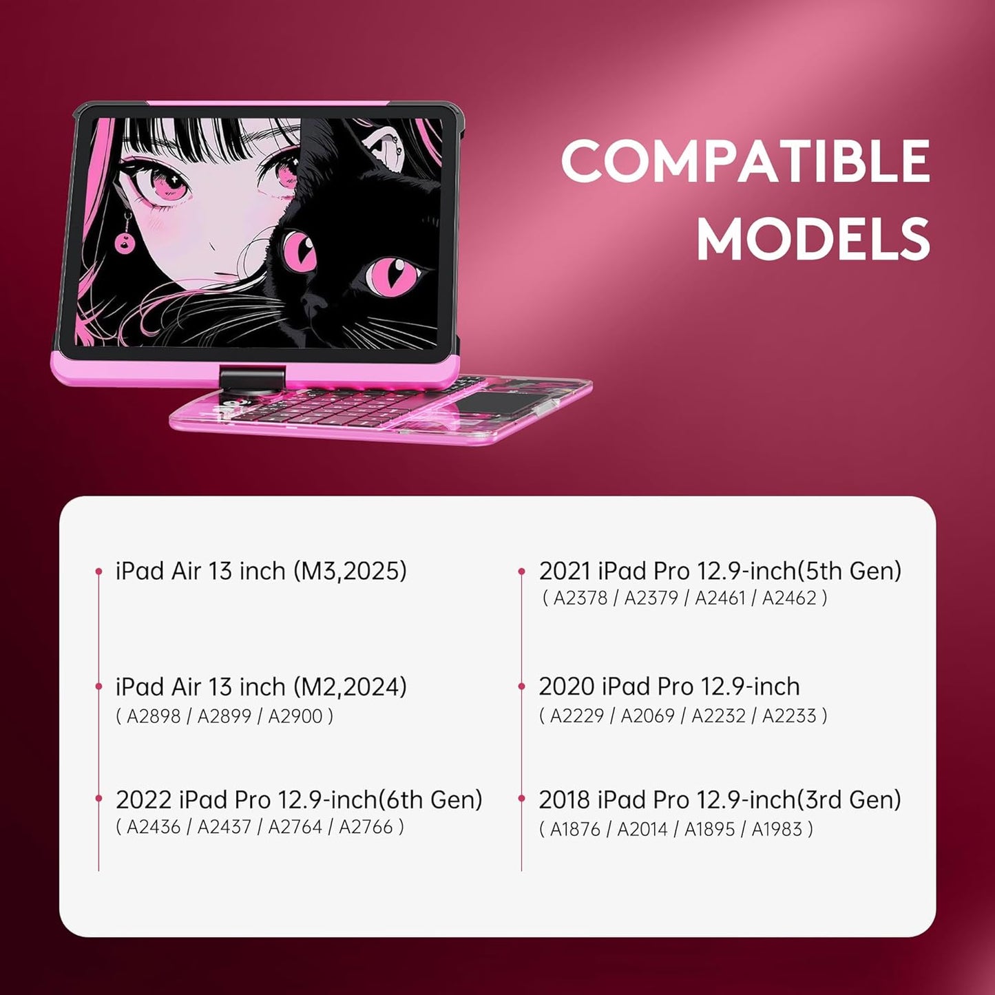 GUSGU Transparent Case with Wireless Keyboard for iPad Air 13-in.(M3/M2, 2025/2024), 7 Colors Backlight, Trackpad, 360°Rotating Stand for iPad Pro 12.9-in (6/5/4/3 Gen), Tech Style