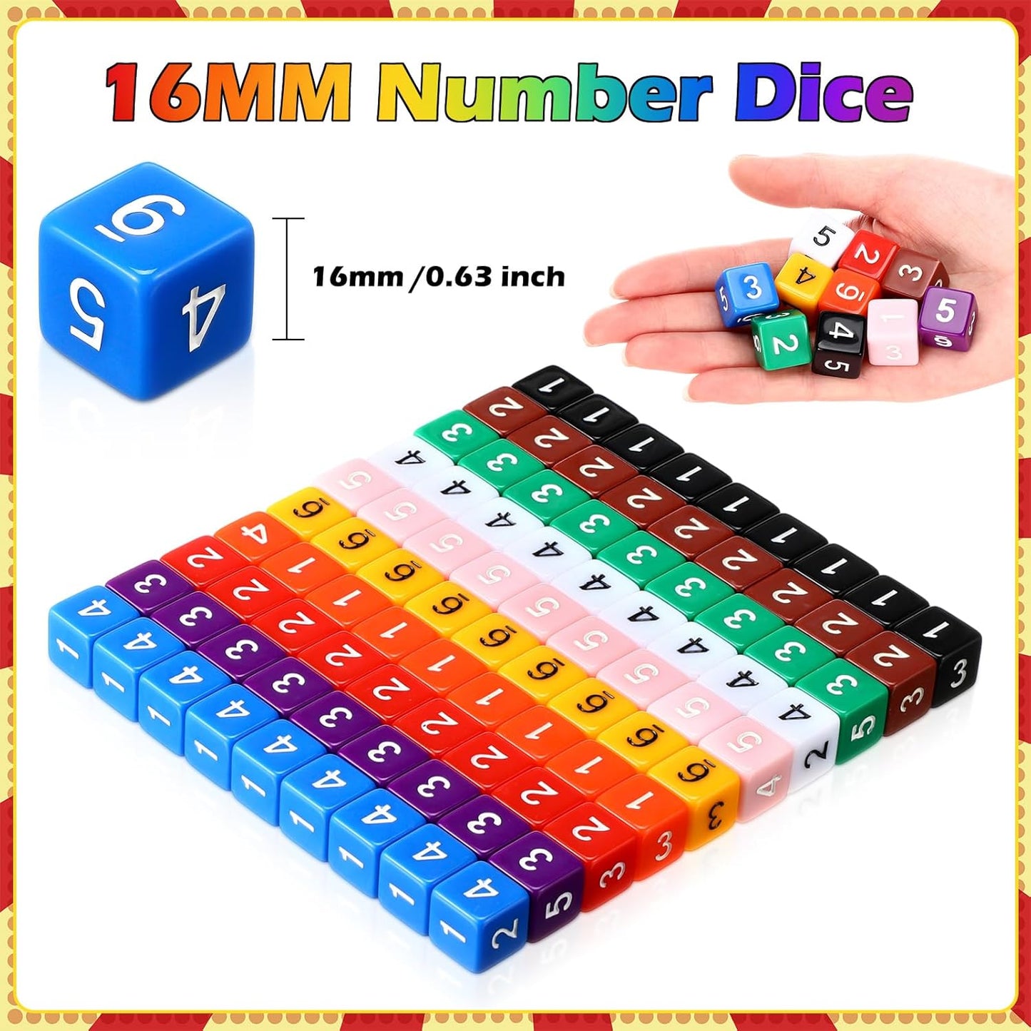 Poen 100 Pcs 16mm Dice Set Bulk, 6 Sided Standard Colored Dices with Numbers, D6 Polyhedral Games Dice for Board Games, Parties (Solid Color)