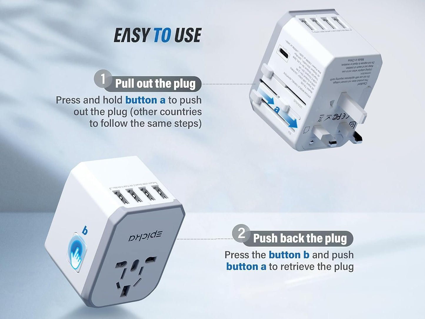 EPICKA Universal Travel Adapter, European Travel Plug Adapter - International Power Adapter Worldwide Charger with USB-C & 4 USB-A Ports, Travel Essentials for Italy, Japan, Europe, UK (TA-105, White)