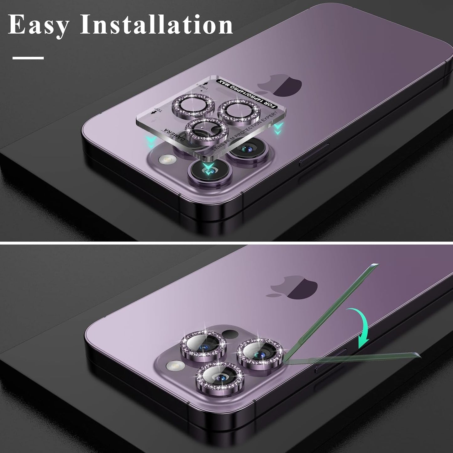 YWXTW Designed for iPhone 14 Pro/iPhone 14 Pro Max Camera Lens Protector Bling, [New Glitter Design] Individual Metal Tempered Glass Camera Cover Accessories Case Friendly, 1 Set (Purple Glitter)