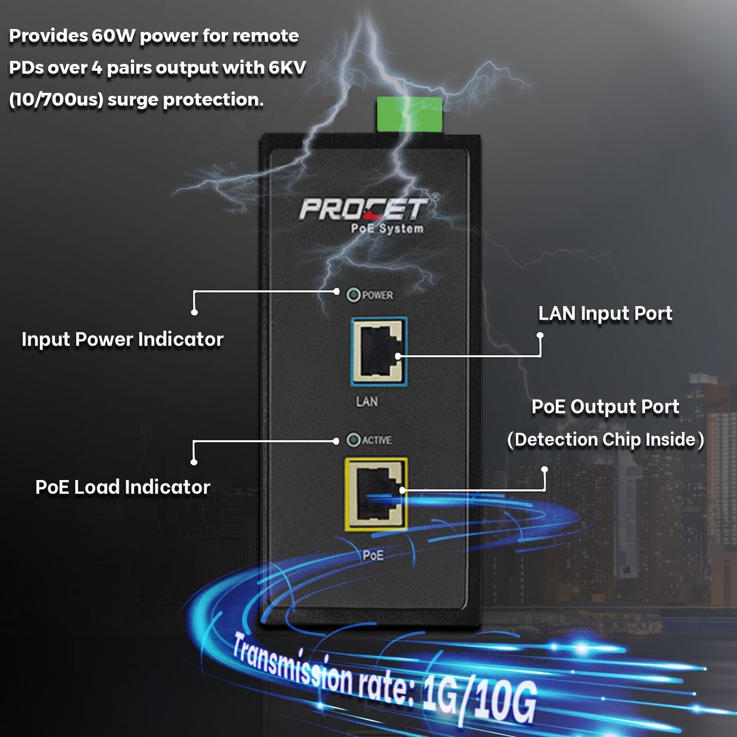 PROCET 10 Gbps Gigabit PoE++ Injector Din Rail, 60W Industrial Boost PoE Adapter with Wide Temp -40°F to 149°F, 6KV Surge Protection, 12-55V DC Input, IEEE802.3af/802.3at/802.3bt, PT-PSE105GB-E-10