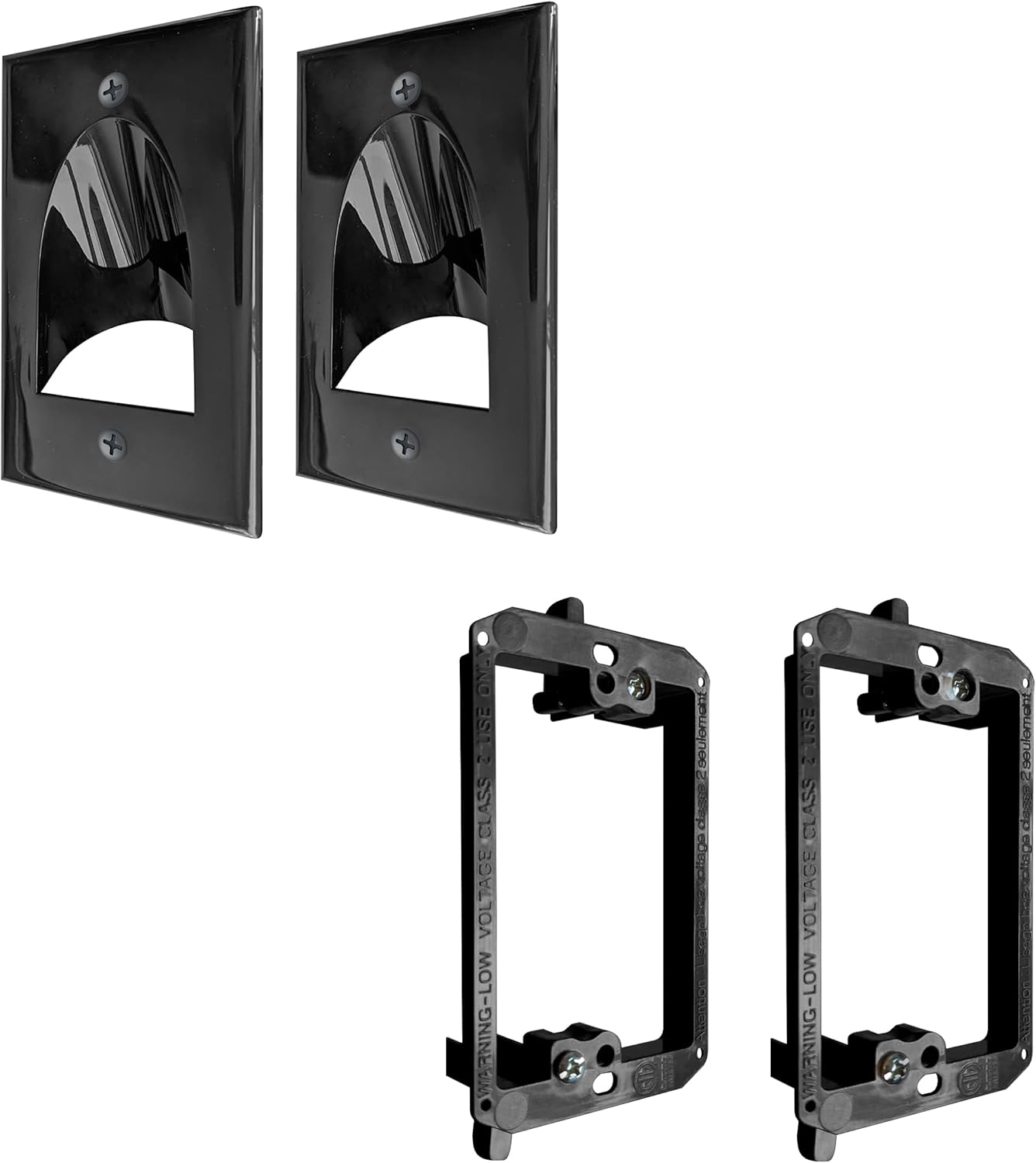 2 Pack Wall Plate Cable Pass Through with Bracket - In Wall Cable Management Kit - Recessed Cable Wall Plate Pair with Single Gang Low Voltage Mounting Bracket - Decorator Cover for Low Voltage Cables