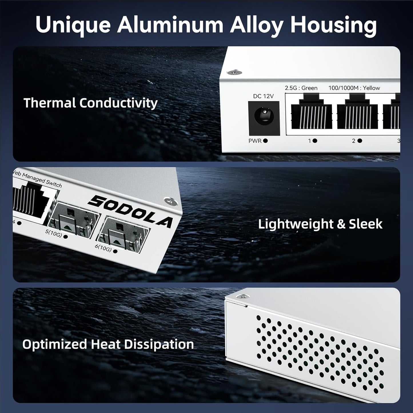SODOLA 6 Port 2.5Gb Easy Web Managed Switch, 4 x 2.5G Base-T Ports, 2 x 10G SFP+,Aluminum Alloy Cooling & Magnetic Mounting - LACP/QoS/VLAN/IGMP Managed Multi-Gigabit Switch for Homelab