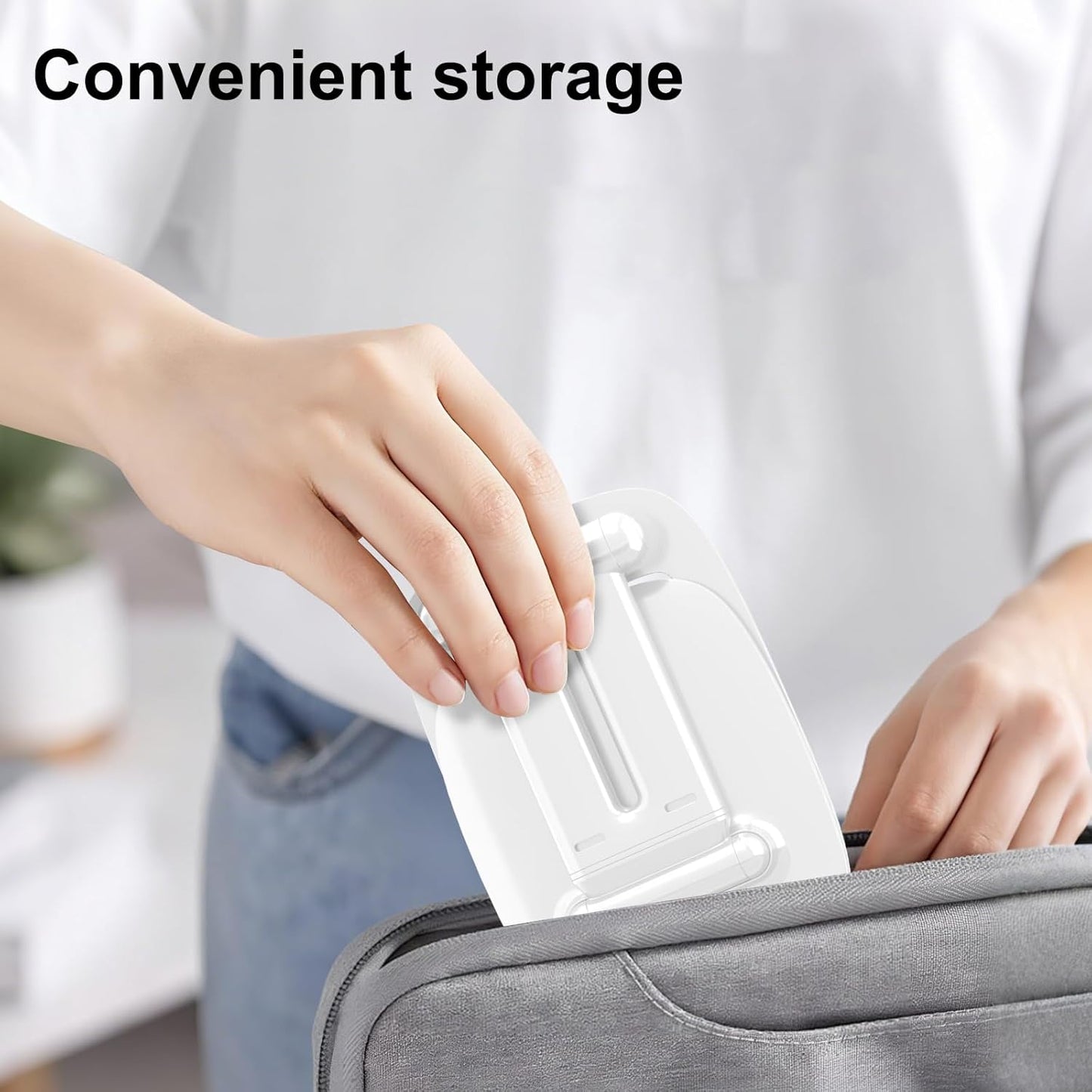 DEERLAMN Cell Phone Stand for Desk, Height Adjustable Cell Phone Holder Portable Desktop Stand, Travel Home Office Desk Accessories Compatible with iPhone 16/15/14/13/12/11 All Smartphone - White