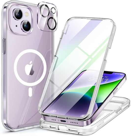 Miracase Magnetic for iPhone 14 Case 6.1'', [Bubble Free] Full-Body Bumper Phone case with Built-in Full Glass Screen &Lens Protector,No Gap,Compatible with MagSafe,Drop Proof 14 Cover,Clear