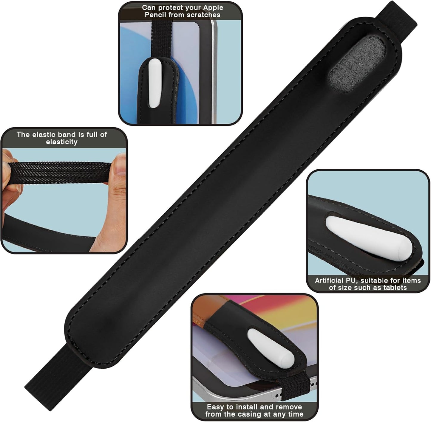 Vegan Leather Elastic Band Stylus Holder, Capacitive Pen Case for Tablets - Fits Most Capacitive Pens & Pencils(Black)