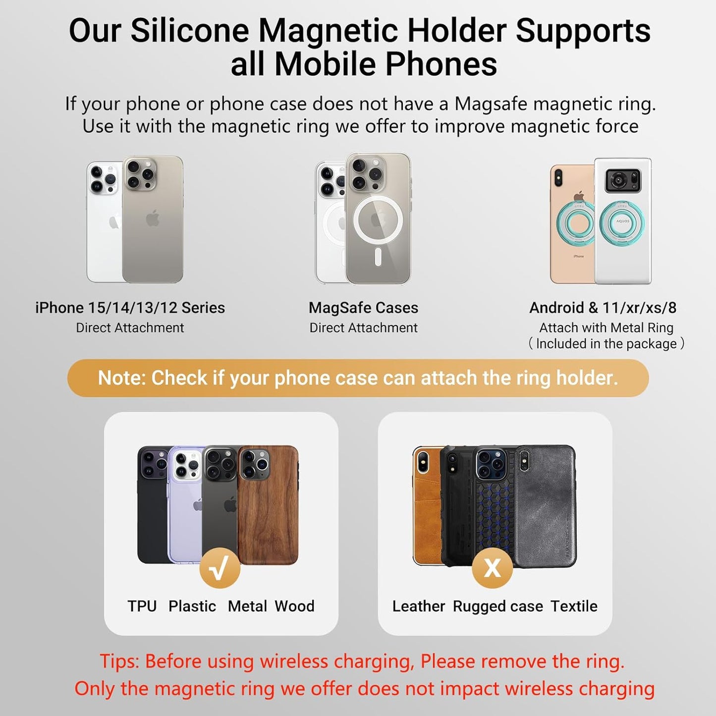 OPSO Magnetic Phone Ring Holder for MagSafe, 360 Degree Rotation Silicone Finger Ring Grip Stand Holder, Adjustable Kickstand, Compatible with iPhone 16 15 14 13 12/Pro/Max, Samsung and All Smartphone