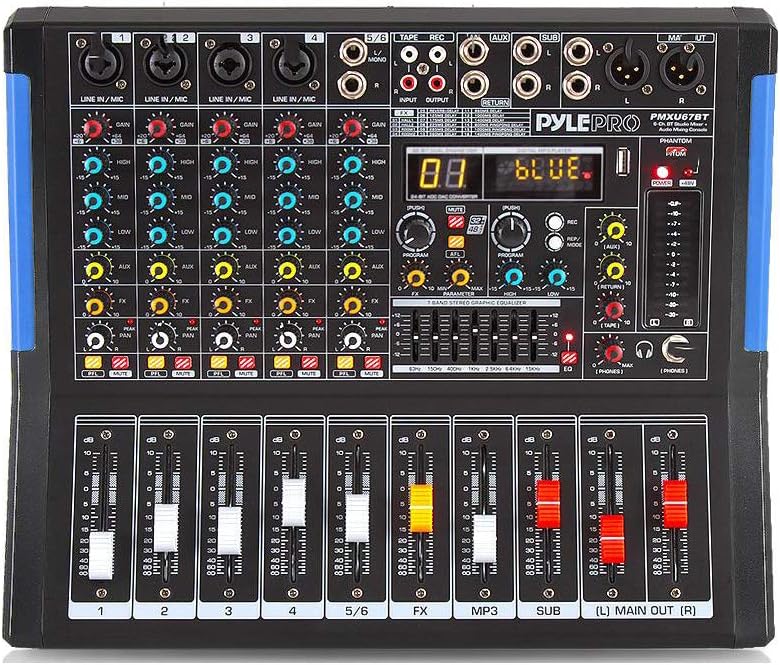 Pyle 6-Channel Bluetooth Studio Audio Mixer - DJ Controller w/ USB Drive - XLR Mic Input - +48V Phantom Power - 16 DSP Effects - MP3/WAV Playback - For Professional & Beginner Use - PMXU67BT