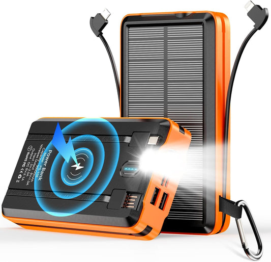 Solar Power Bank Portable Charger 52800mAh 5V/3A Fast Charging Battery Pack with Built in 4 Cables 2 Outputs & LED Flashlight for All Mobile Devices Camping Traver Outdoor