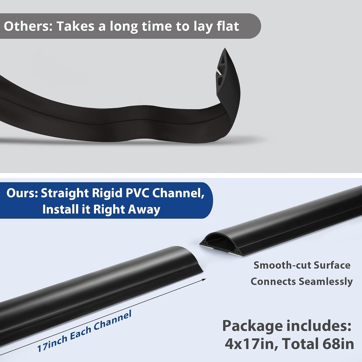 Cord Cover Floor 68in (4 x L17in), Large Capacity Floor Cable Cover, Hard PVC Cord Hider, Wire Cable Management Raceway, Black, Cord Cavity - 1.8"(W) x 0.6"(H)