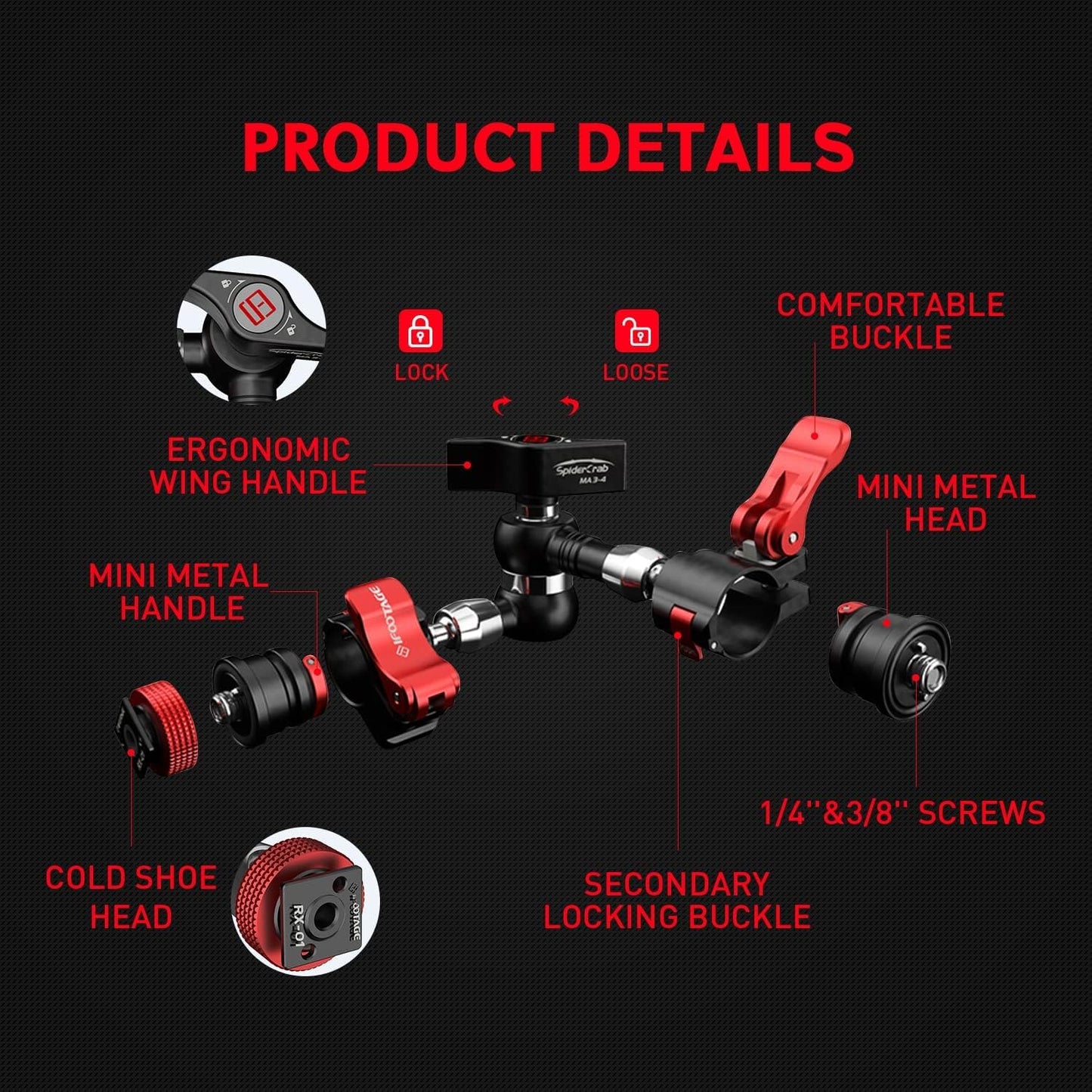 IFOOTAGE Magic Arm Clamp MA3-4, 7 Inches Adjustable Friction Power Articulating Magic Arm with 1/4" and 3/8" Thread Screw for DSLR Camera Rig/LCD Monitor/LED Lights