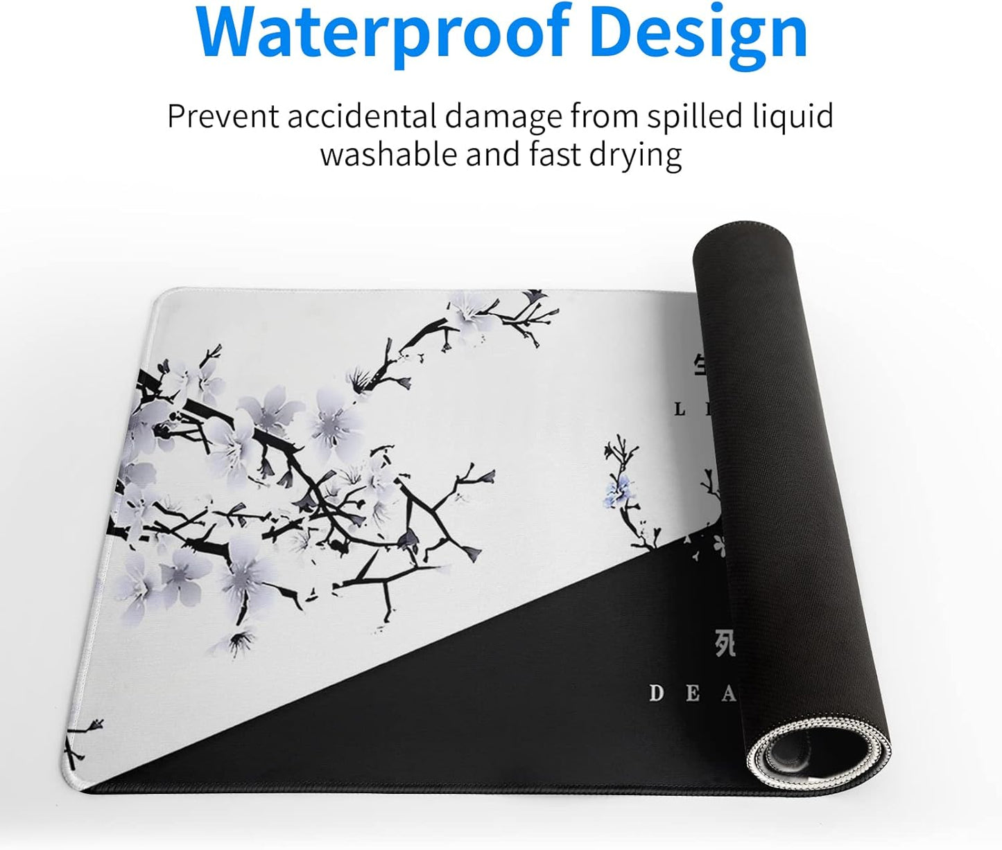 Black and White Japanese Cherry Blossom Gaming Mouse Pad Sakura Death Life Flower Mat 31.5x11.8 Inch Texture Non-Slip Rubber Base Mousepad Stitched Edges Keyboard Desk Pad for Office Home Game