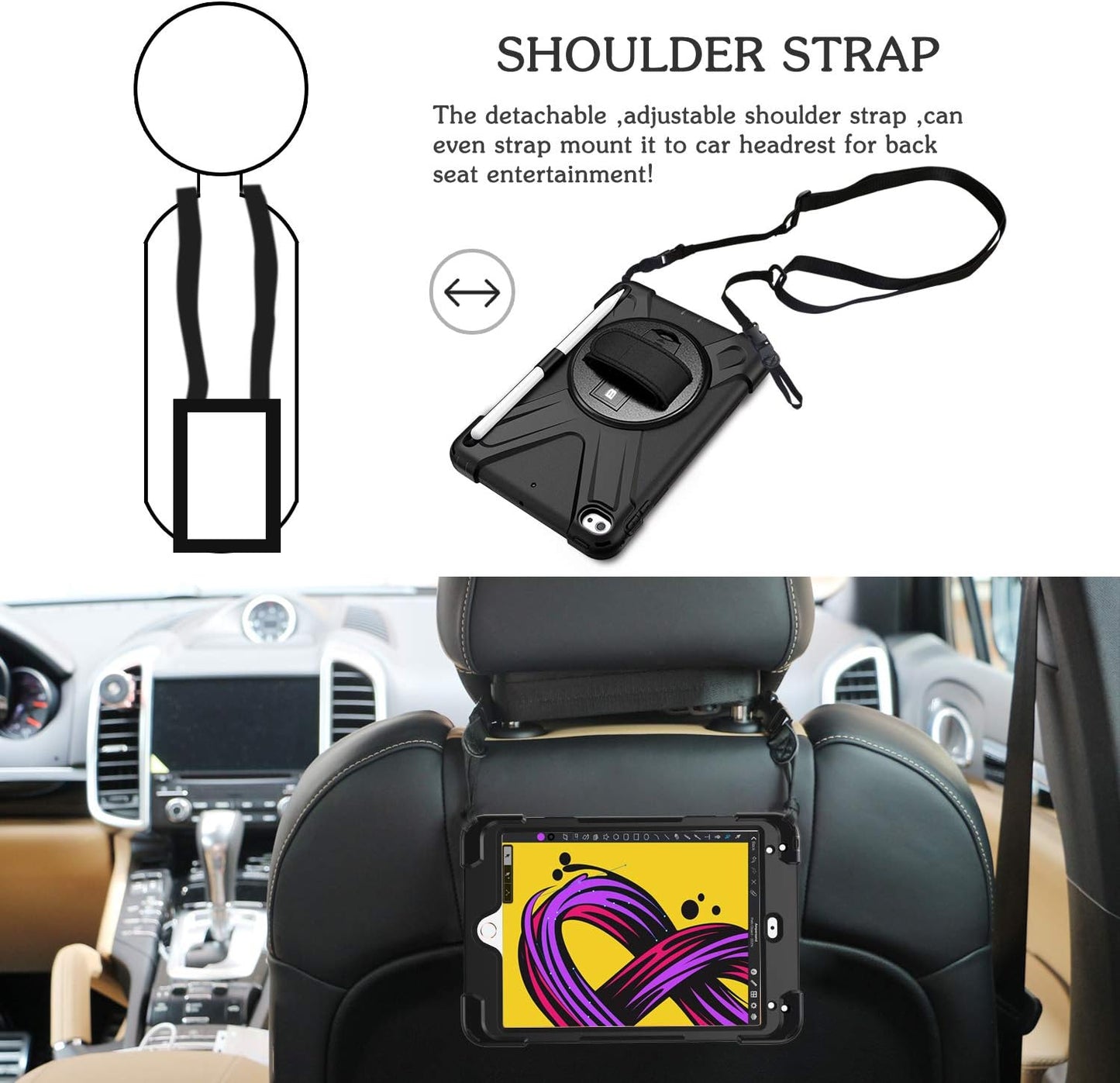 BRAECN iPad mini 5 Case,iPad mini 4 Case, Heavy Duty Shockproof Protective Rugged Case with Pencil Holder,Hand Strap,Kickstand, Shoulder Strap for iPad mini 5th/4th Generation 7.9 Inch for Kids-Black