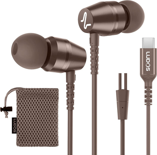 LUDOS OMNITONE USB C Headphones for iPhone 16 15 Pro Max Plus iPad Pro, 5 Years Warranty, USB-C Earbuds for Samsung Galaxy S24 S23 Ultra S22 S21 S20 A55 A54 A53, USB Type C Earphones - Brown