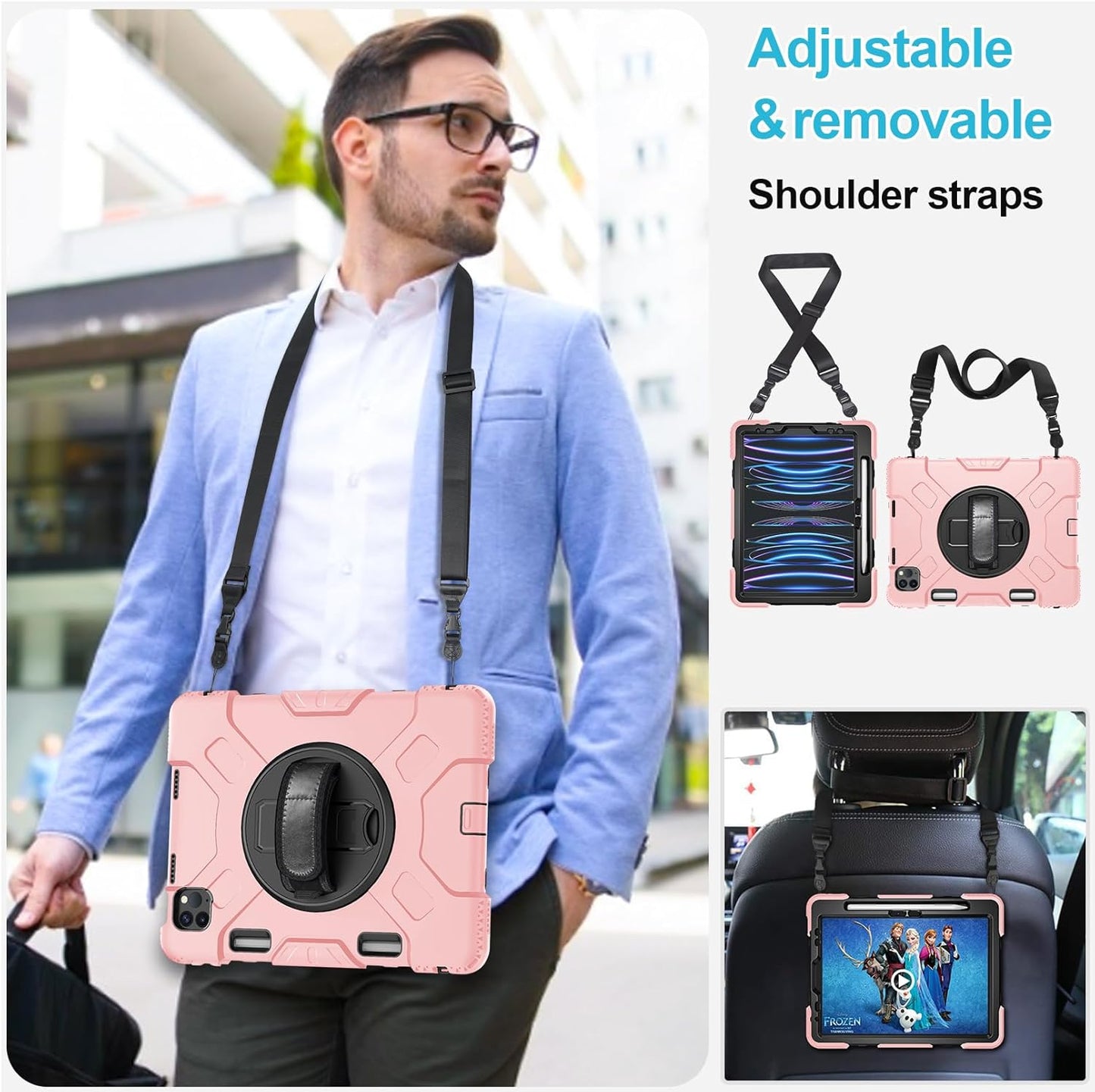 Case for iPad Pro 11 Inch 2022/2021/ 2020/2018: Silicone Cover for iPad 11 Inch 4th/ 3rd/ 2nd/ 1st/ Generation with Screen Protector- Stand- Handle- Shoulder Strap- Pencil Holder- Rose Gold