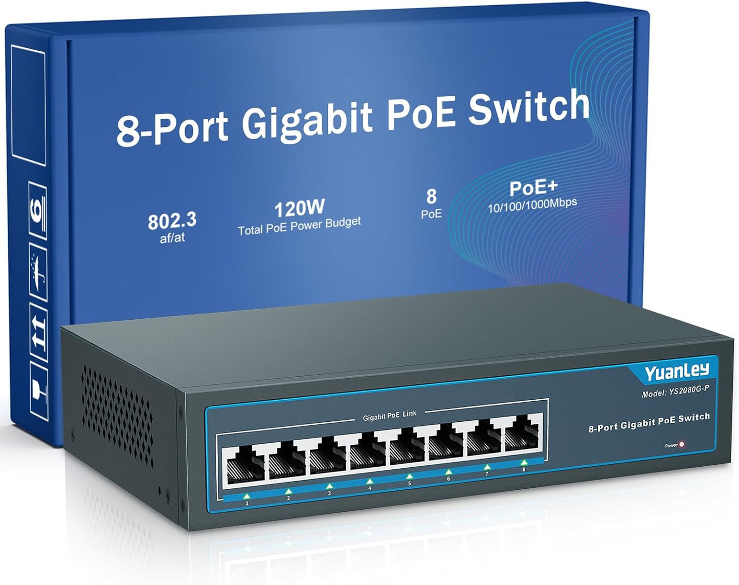 YuanLey 8 Port Gigabit PoE Switch, 8 PoE+ Ports 1000Mbps, 120W 802.3af/at, Metal Fanless Unmanaged Plug and Play