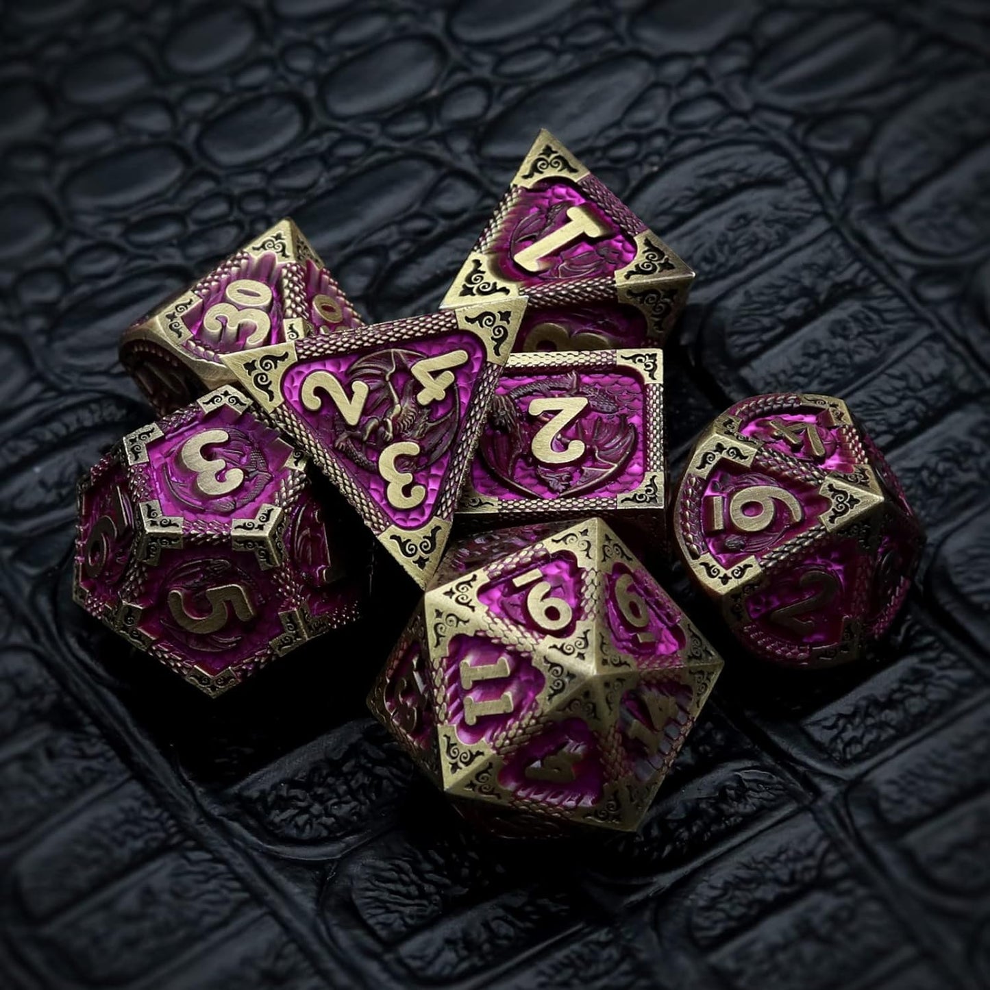 Haxtec Metal Dice Set Purple Black Dragon Pattern Metal DND Dice with Leather Dice Bag Polyhedral D&D Dice Compatible with Dungeons and Dragons TTRPG Gifts