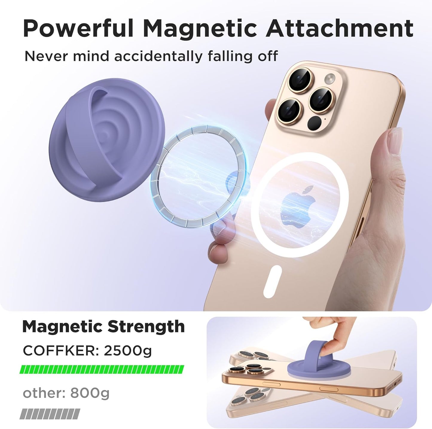 Magnetic Phone Ring Grip Holder, Silicone Finger Loop Grip, Compatible with MasSafe, Back of Phone for iPhone Pro Max/Plus/16/15/15/14/13/12 Series, Lavender